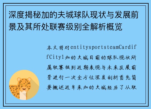 深度揭秘加的夫城球队现状与发展前景及其所处联赛级别全解析概览