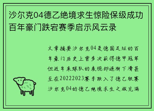沙尔克04德乙绝境求生惊险保级成功百年豪门跌宕赛季启示风云录 沙尔克04德乙绝境求生惊险保级成功百年豪门跌宕赛季启示风云录